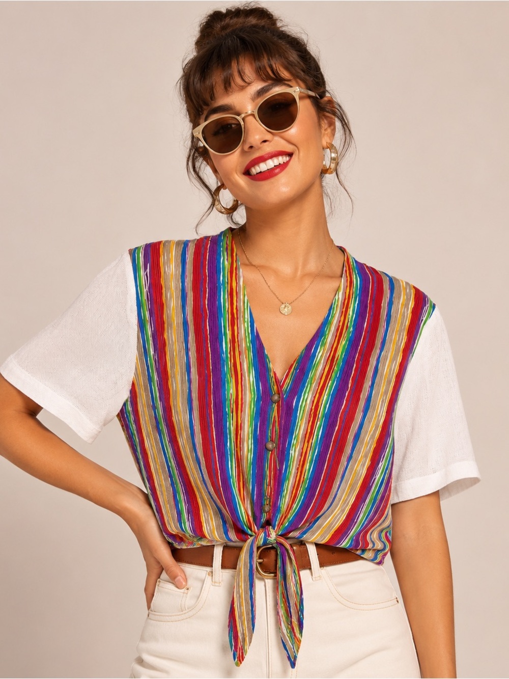Vintage Napa Valley Womens Striped Tie Front Blouse Button Up Rainbow Retro